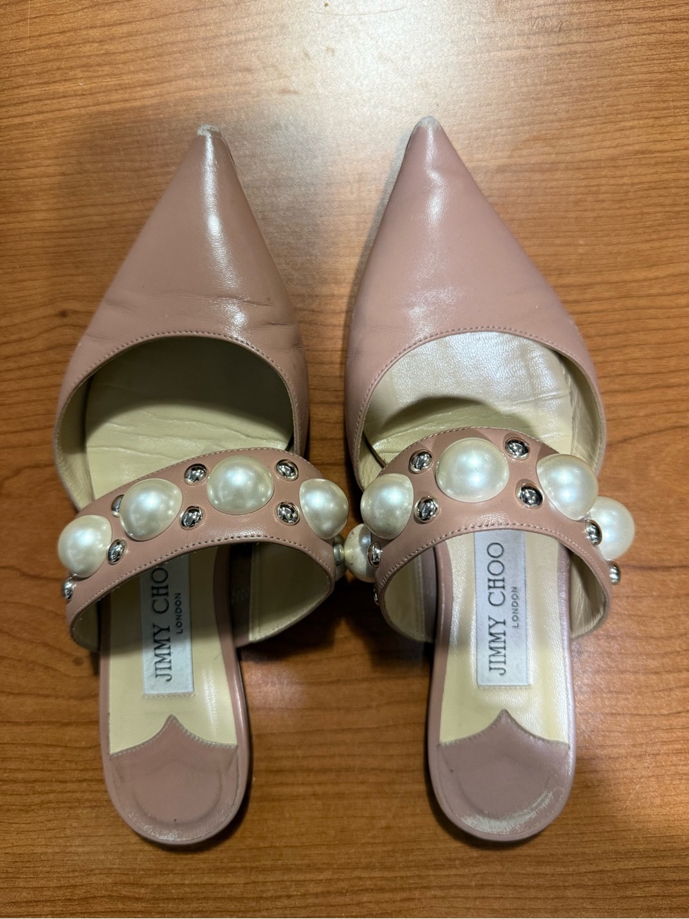 Jimmy Choo Blush Pink Pearl-Embellished Pointed Toe Mules